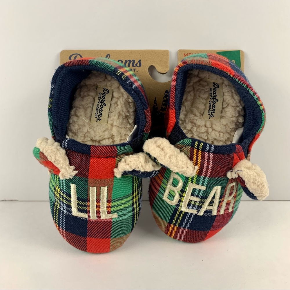 Dear foams Little Bear Christmas Slippers Green & Red Plaid Little Kids Size 7-8